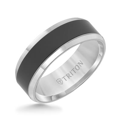 Grey Tungsten men's band with black stripe in center of the ring