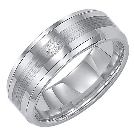 white Tungsten band with satin finish in center and flat set round diamond, high polish bevel edge
