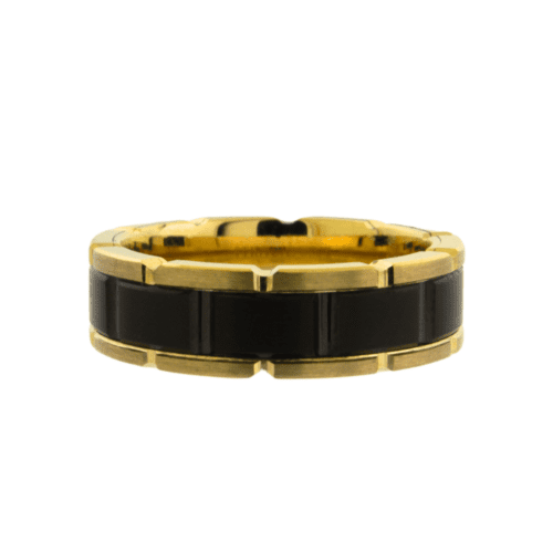 Brick design gents wedding band with yellow tone tungsten on edges and black center