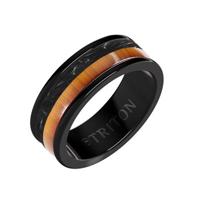 Black Tungsten wedding band with wood inlay and carbon fiber inlay