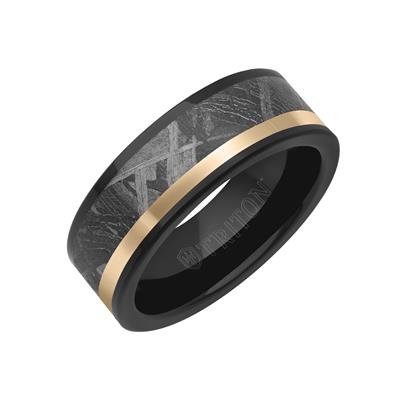 men's wedding band black tungsten and meteorite with yellow line
