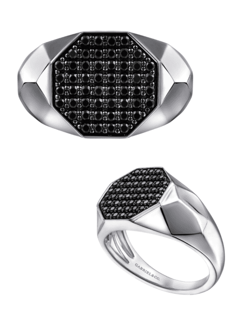 Chunky men's ring in sterling silver with black spinels, side angle and front angle