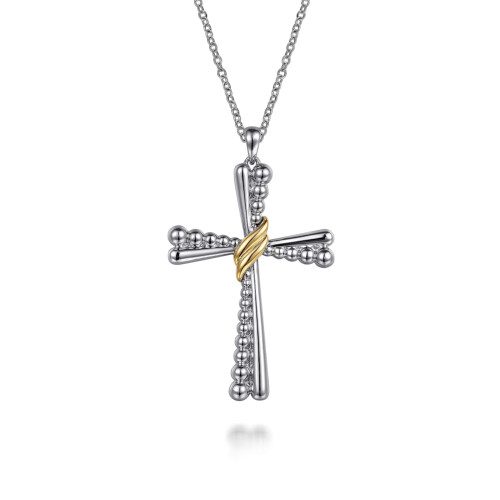 large crisscross bujukan design two-tone cross in sterling silver with 14k yellow gold accents on silver chain