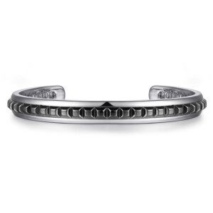 Silver open cuff bracelet with black grommet mens