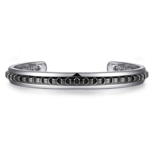 Silver open cuff bracelet with black grommet mens