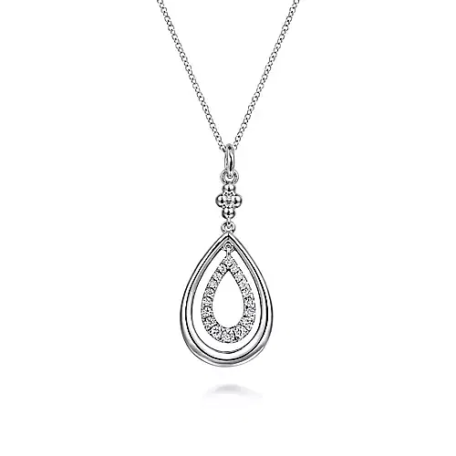 sterling silver fashion necklace with teardrop shape and beaded design and white sapphires