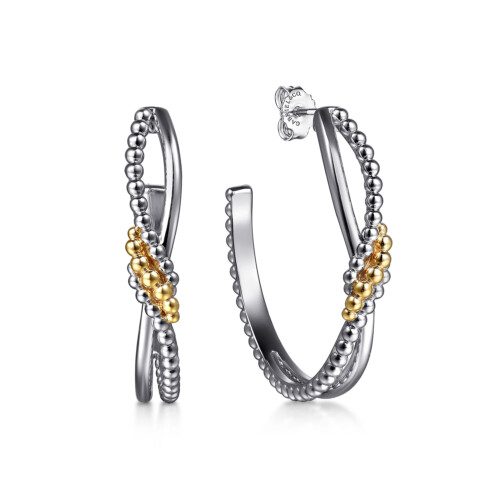 twisted bujukan style hoop earrings in sterling silver with yellow gold accent beads
