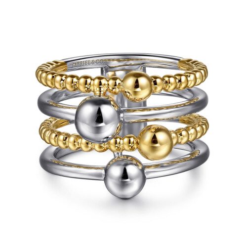 Big bead and little bead multi-row sterling silver and yellow gold