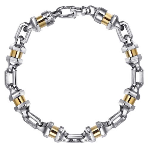 men's cylinder design two tone bracelet silver and yellow gold