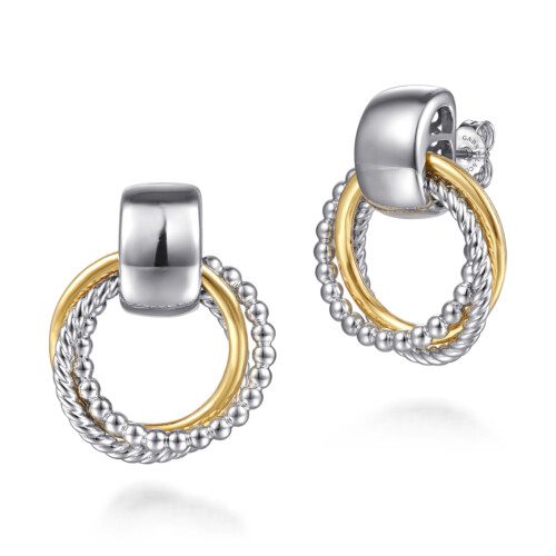 door knocker earrings in silver and yellow gold with bead and braid and high polish design with post