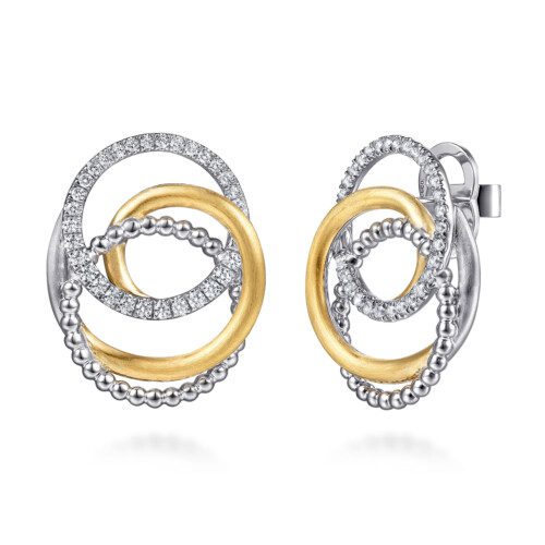 freeform circles design earring with sterling silver and yellow gold with white sapphires and post