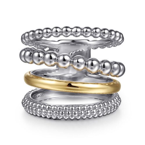 two-tone multi row fashion band in yellow gold and sterling silver beaded design