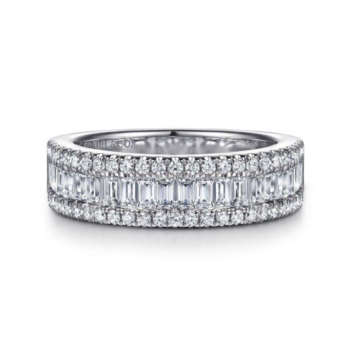 white gold band with baguette diamonds and round diamonds