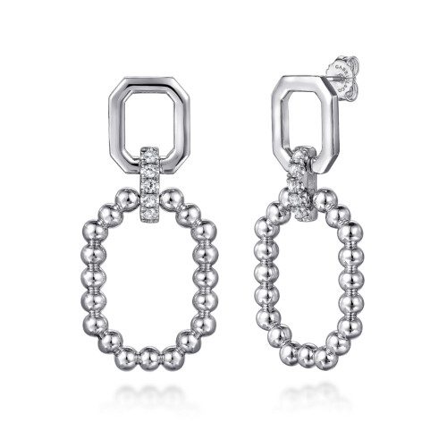 Double Octagon shape dangle earrings in silver with beaded design