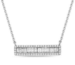 Horizontal bar necklace with baguette and round diamonds, on chain, in white gold