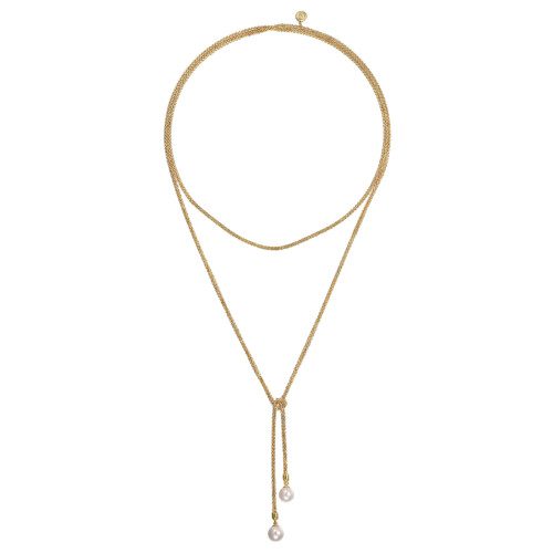wrap around and tie yellow gold necklace with pearls on end