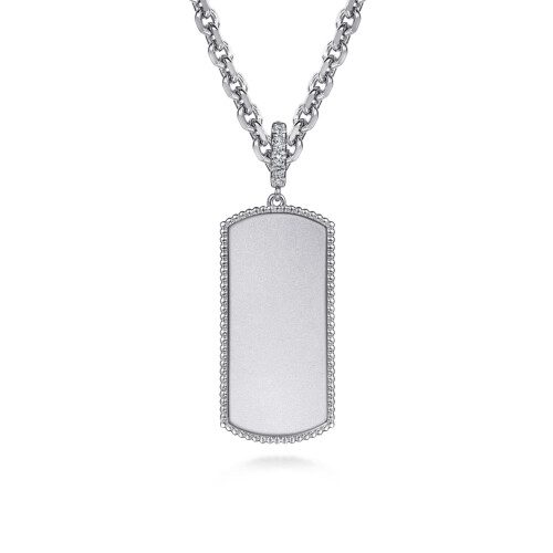 personalized rectangle ID pendant in sterling silver with beaded edge