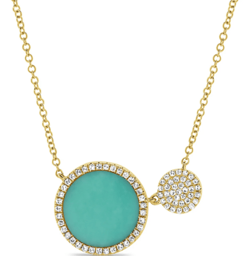 circle turquoise and circle of pave set diamonds on yellow chain