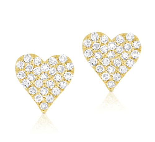 heart shape yellow gold stud earrings with pave set diamonds