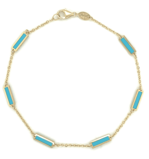 turquoise bar station bracelet in yellow gold