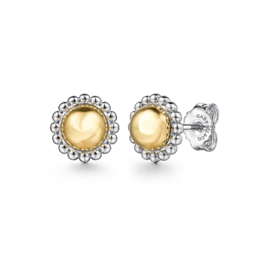 bead design sterling silver earring studs with yellow gold center