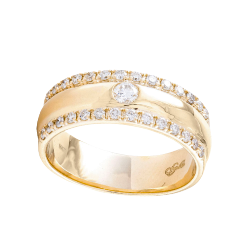 yellow gold band with high polish center and small round diamond and two rows of diamonds