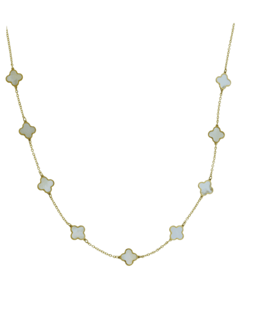 yellow gold necklace with mother of pearl small clovers
