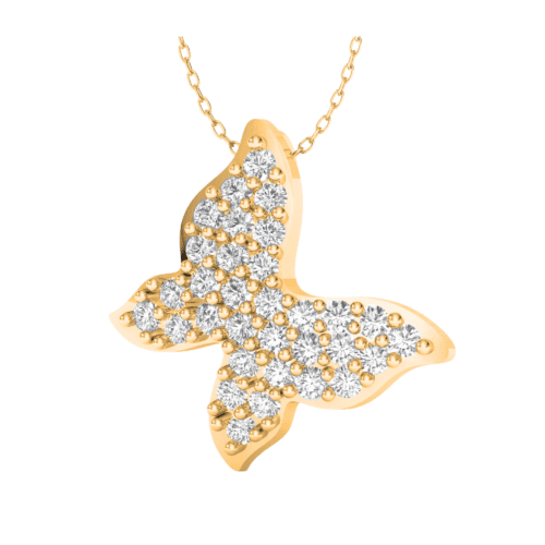 small butterfly shape pendant with pave set diamonds in yellow gold on yg chain