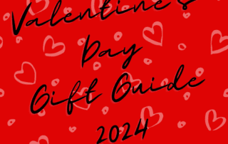 red background, black letters saying 'Valentine's Day Gift Guide 2024" with light pink hearts in the background